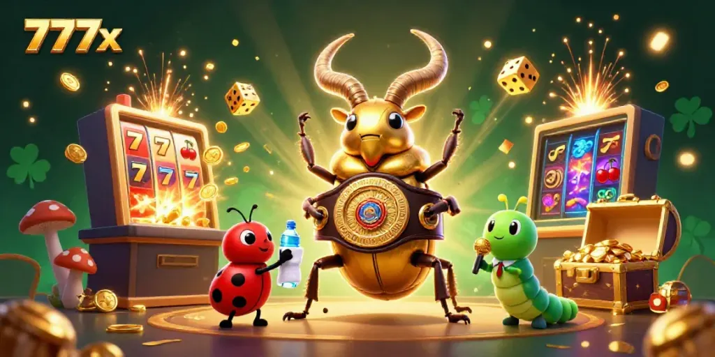 Experience the thrill of winning big at 777x with a dynamic casino showdown featuring colorful game elements.