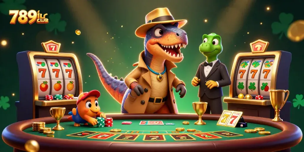 Engage in thrilling blackjack action with 789CLUB's vibrant illustration of a sneaky velociraptor card counter.