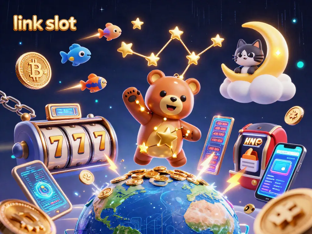 Engage with the link slot experience in this vibrant 3D casino illustration showcasing dynamic characters and elements.