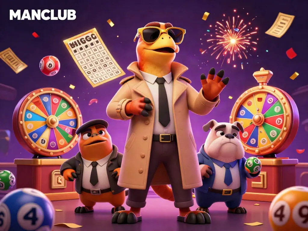 Engage with MANCLUB in a vibrant casino scene featuring raptors trying to enter a VIP lounge while colored lottery balls bounce.