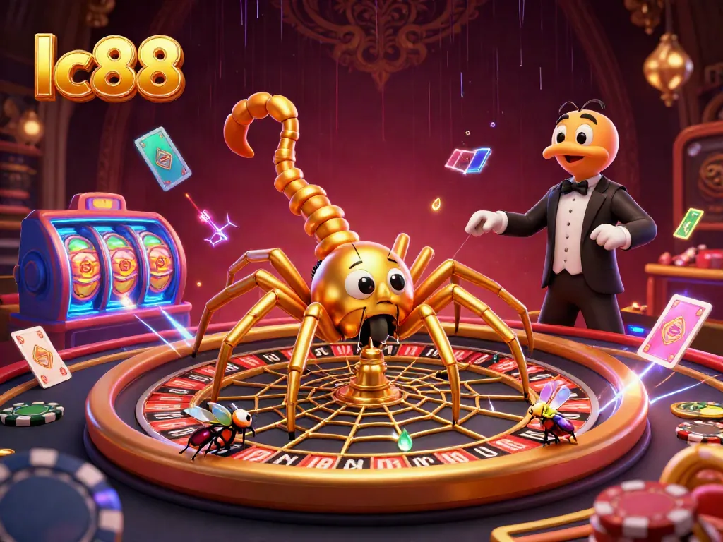 Experience thrilling roulette action with lc88's cartoon spider and croupier in a vibrant casino scene.