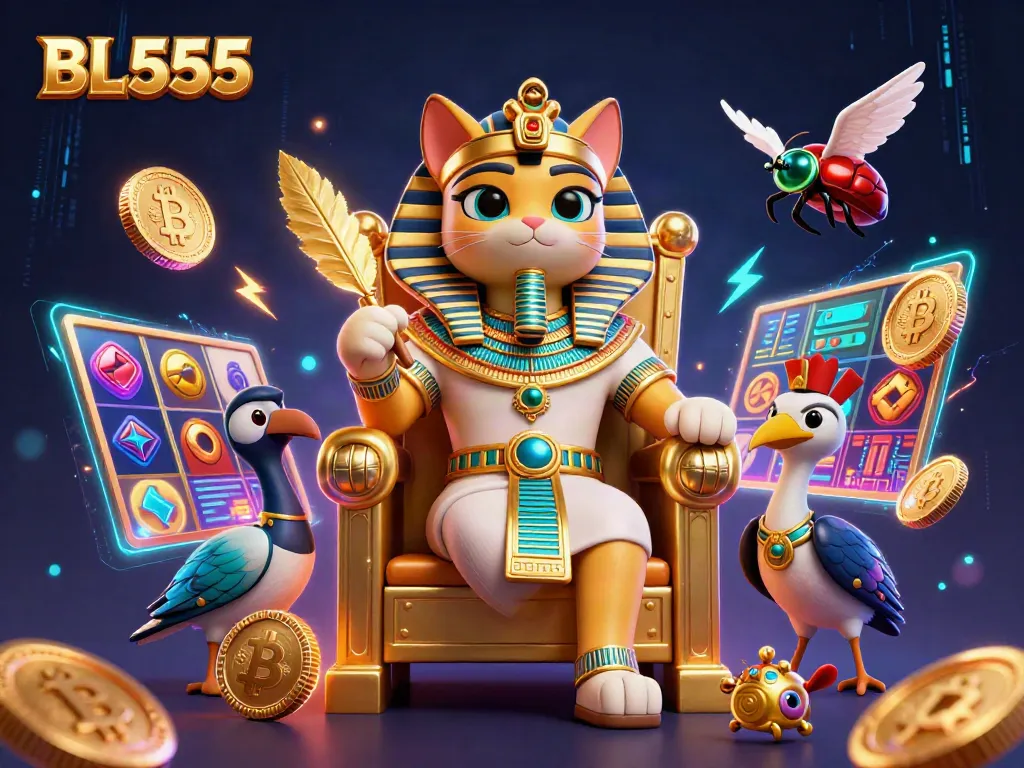 Engage with high-stakes slots at BL555 featuring a vibrant 3D casino scene.