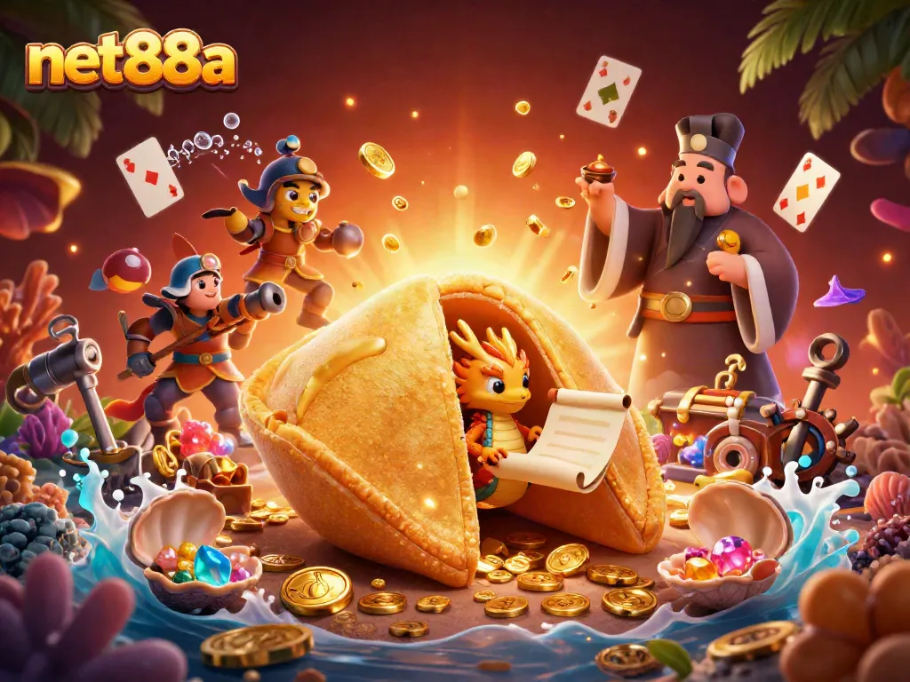 Engage in thrilling fun with net88a, featuring a giant golden fortune cookie and a magical atmosphere.