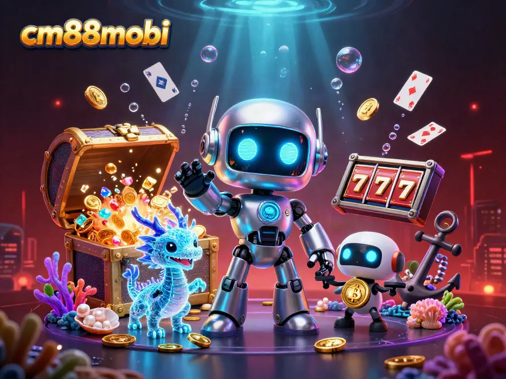 Engage with cm88mobi's vibrant 3D casino world featuring a cyberpunk robot, AI dragon, and casino elements.
