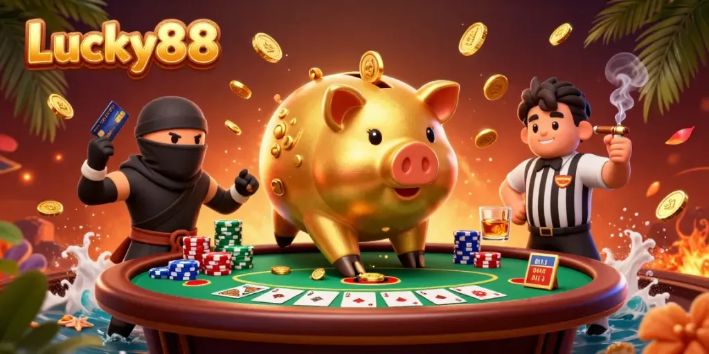 Engage with Lucky88's exciting gameplay, featuring a golden piggy bank sumo wrestler amidst a dynamic poker scene.