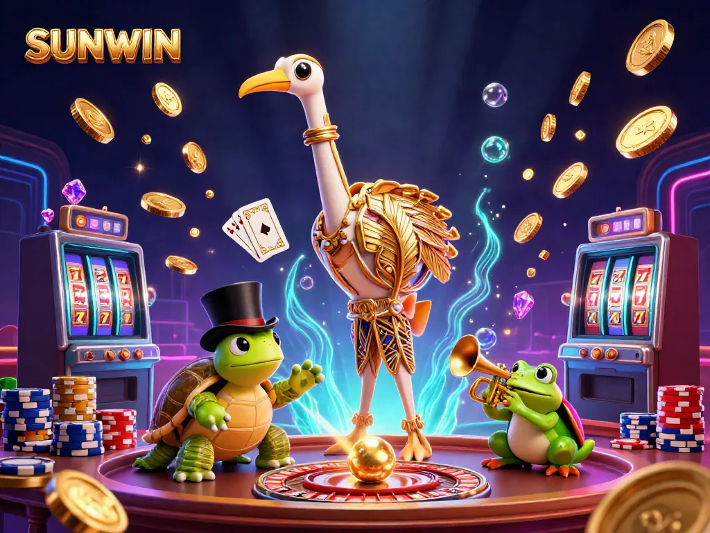Engage with SUNWIN at a lively 3D casino scene brimming with vibrant characters and dynamic game elements