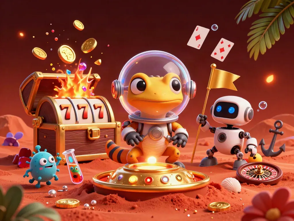 Experience thrilling action with uy88 as a cartoon gecko uncovers a golden casino treasure.