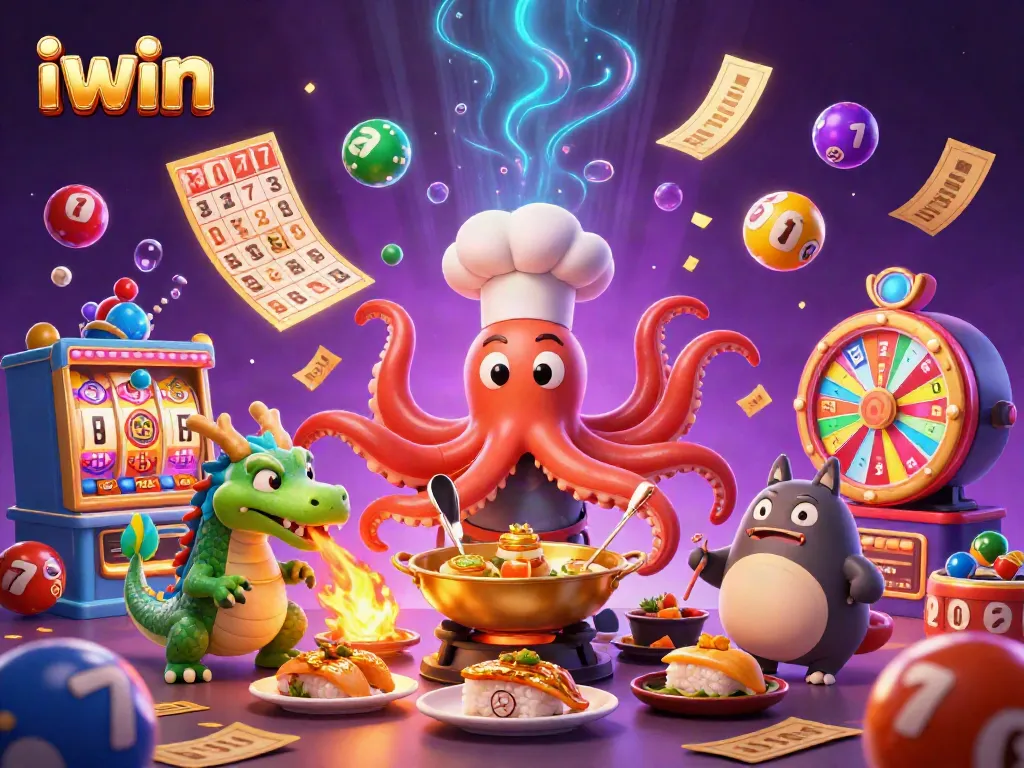 Win big with iwin in this vibrant 3D casino illustration packed with lottery and slot game excitement.