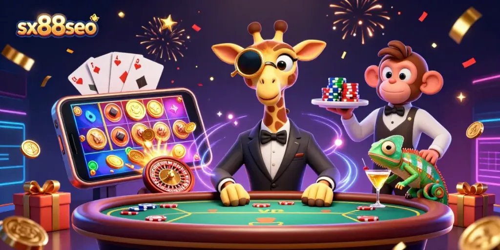 Experience sx88seo winnings with a high-roller giraffe at a vibrant casino scene
