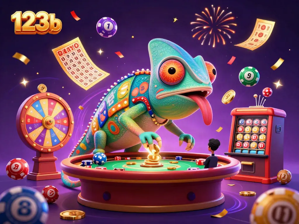 Cherish exciting gaming moments with 123b casino’s vibrant chameleon owner amidst colorful lottery elements.