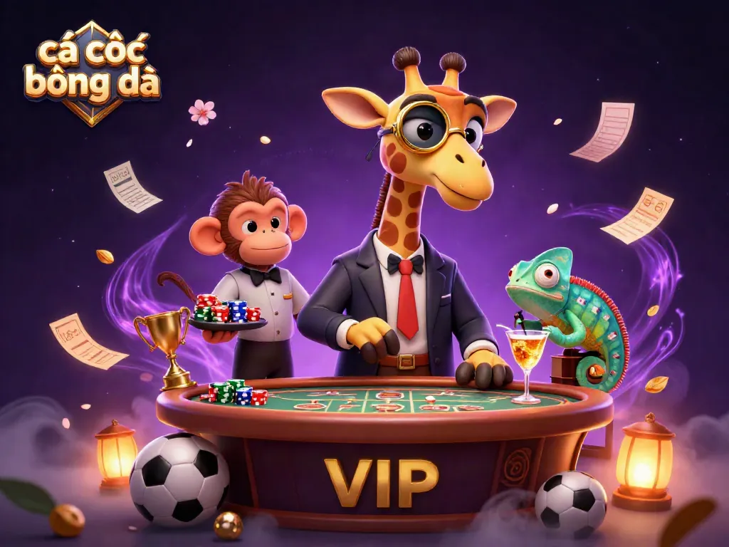Cá cược bóng đá scene with a high-roller giraffe and dynamic sports betting elements.