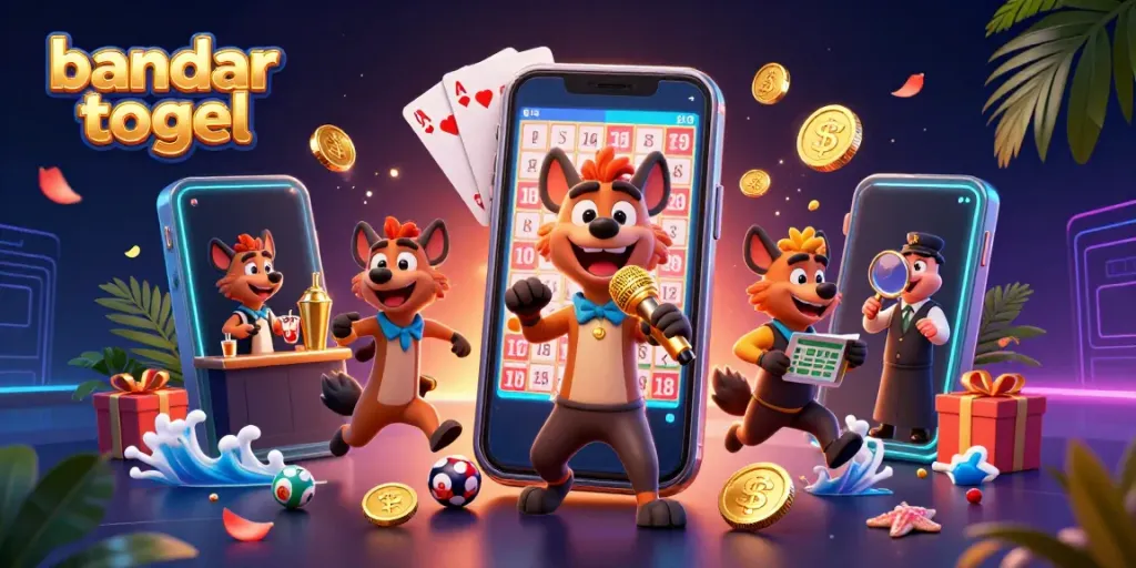 Bandar togel dengan hyena komedi, bartender, dan keamanan di sebuah kasino kaya warna.