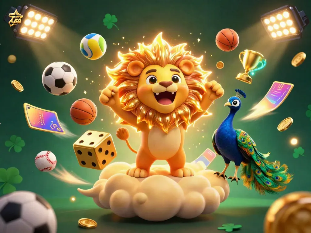 Experience thrilling betting action with TA88, featuring a triumphant sun lion, golden dice, and vibrant sports elements.