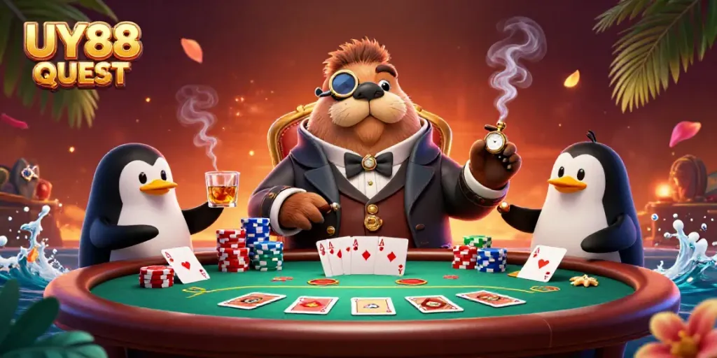 Engage in thrilling gameplay at UY88 QUEST, where friendly competition unfolds at an underwater poker table.