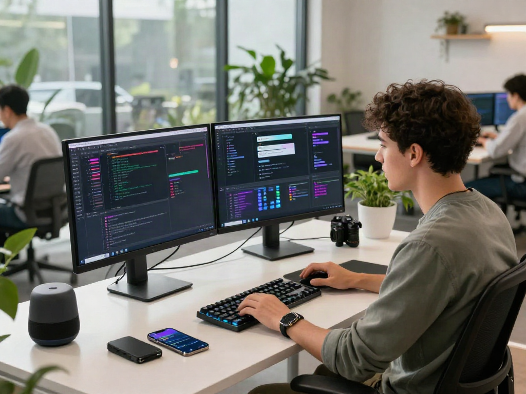 Developer engaged in AI chat nsfw application coding in a vibrant workspace