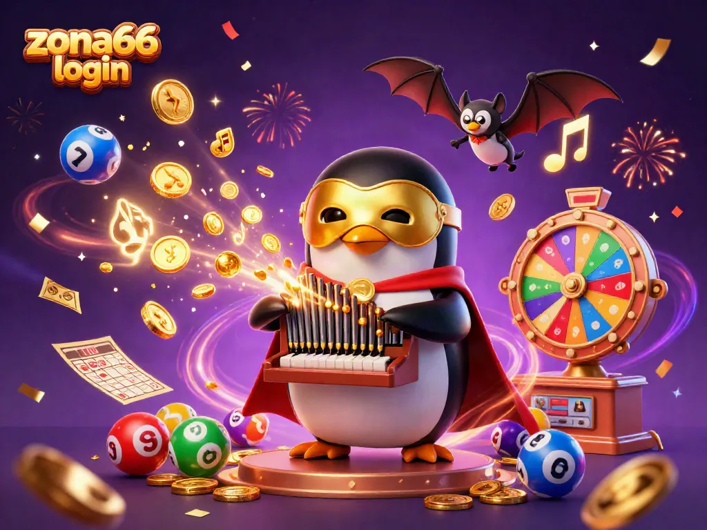Engage with the thrilling zona66 login experience as a cartoon penguin plays a gleaming organ, showering golden coins.