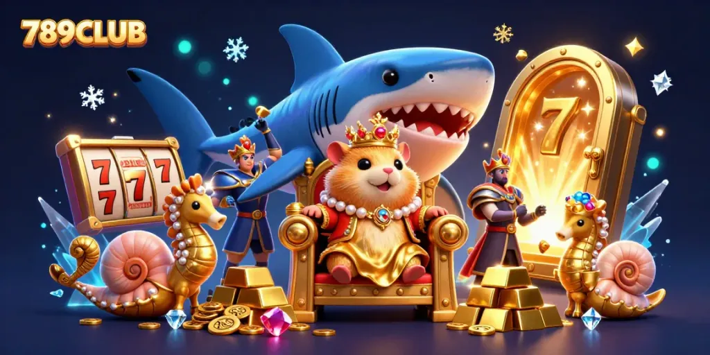 Experience thrilling gaming with 789CLUB's immersive 3D casino scene, featuring vibrant treasures and engaging characters.