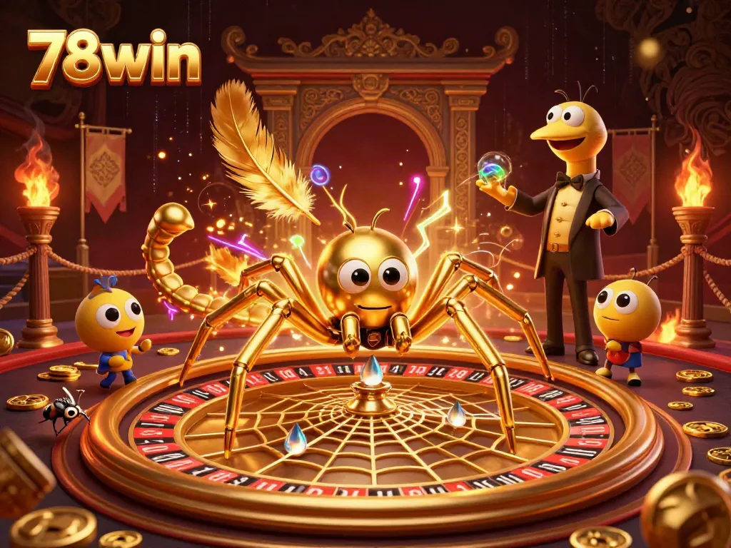 78win casino illustration with a golden spider spinning a roulette wheel web, showcasing a vibrant gambling scene.