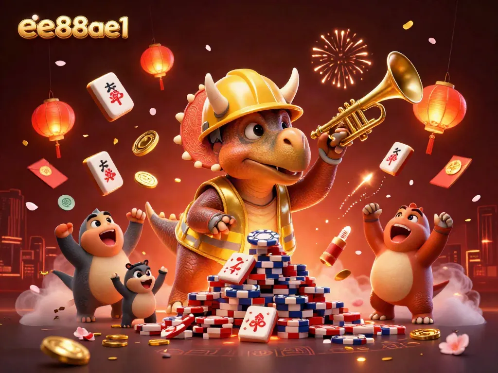 Engage with dynamic gaming fun featuring ee88ae1, where a triceratops builds poker chips amid celebration and casino elements.