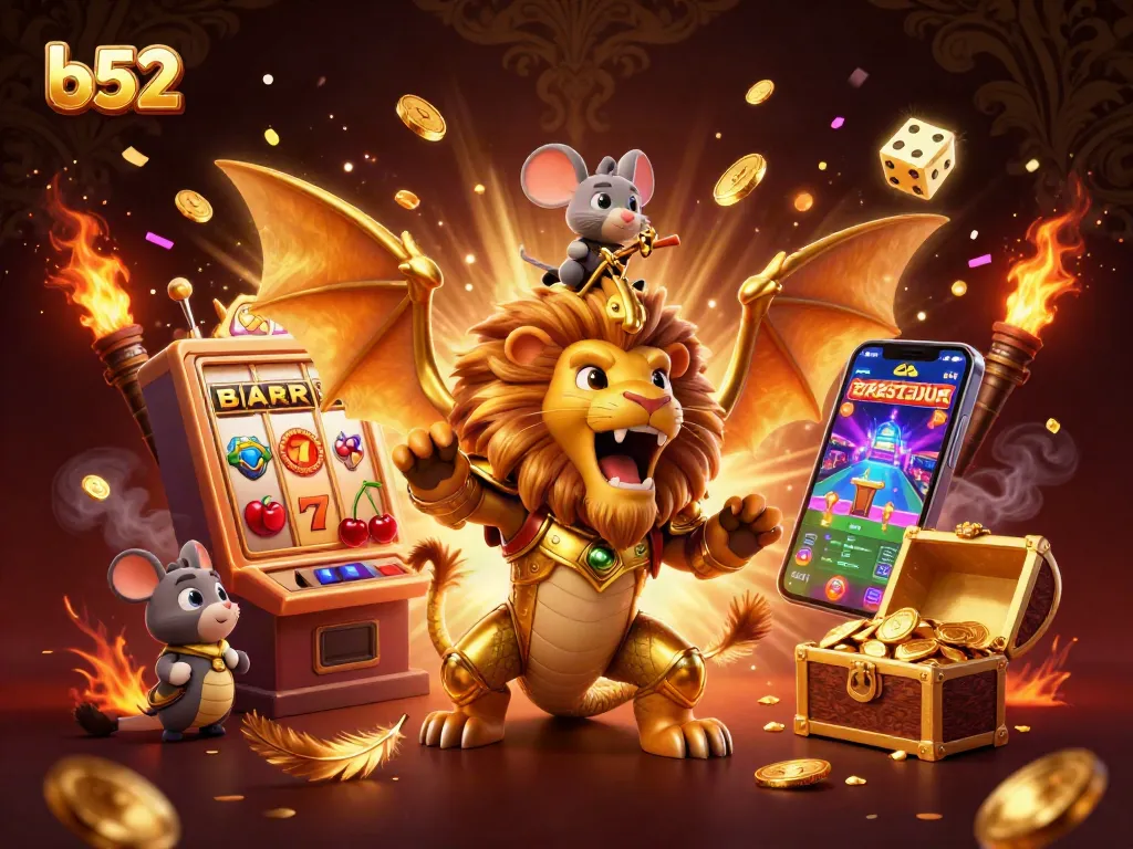 Engaging b52 casino scene featuring a chimera and mouse jockey amidst slot machine and gold coins.