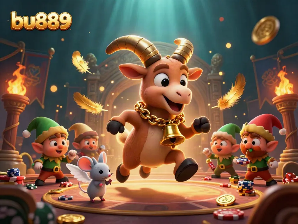 Engage in the excitement with bu889 featuring a festive casino scene with characters in action.