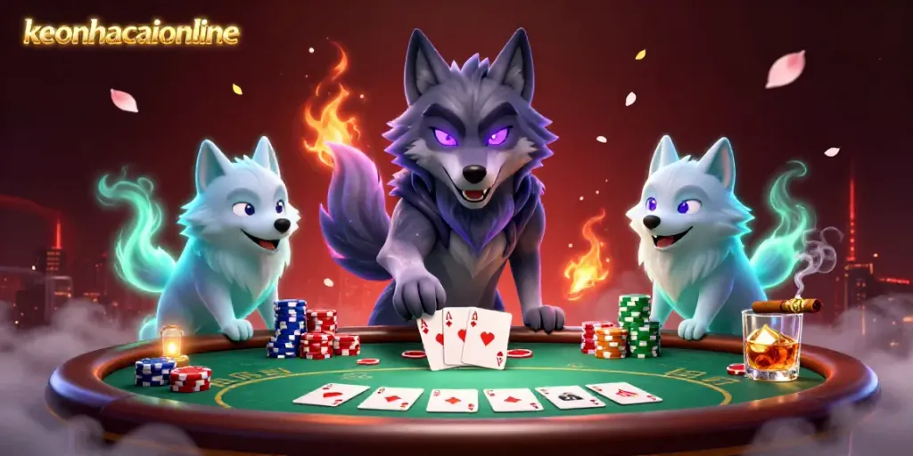 Gamblers enjoy a thrilling poker game with keonhacaionline's mystical wolf spirits enhancing the excitement.