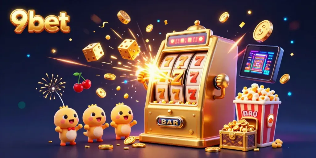 Experience the thrill of 9bet with vibrant casino games and jackpot celebrations in a colorful 3D scene.
