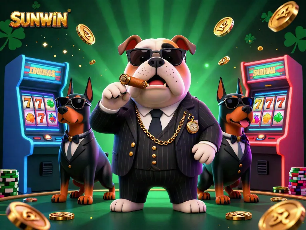 Play thrilling games at SUNWIN with a mafia-style bulldog boss and Doberman bodyguards in a vibrant casino scene.