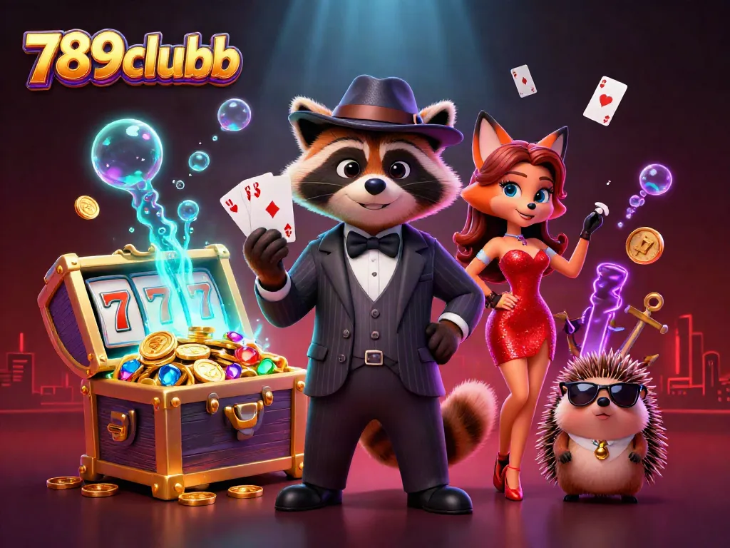 Engage in the exciting world of 789clubb with this captivating 3D scene featuring a raccoon, a fox, and a hedgehog amidst glamorous casino elements.