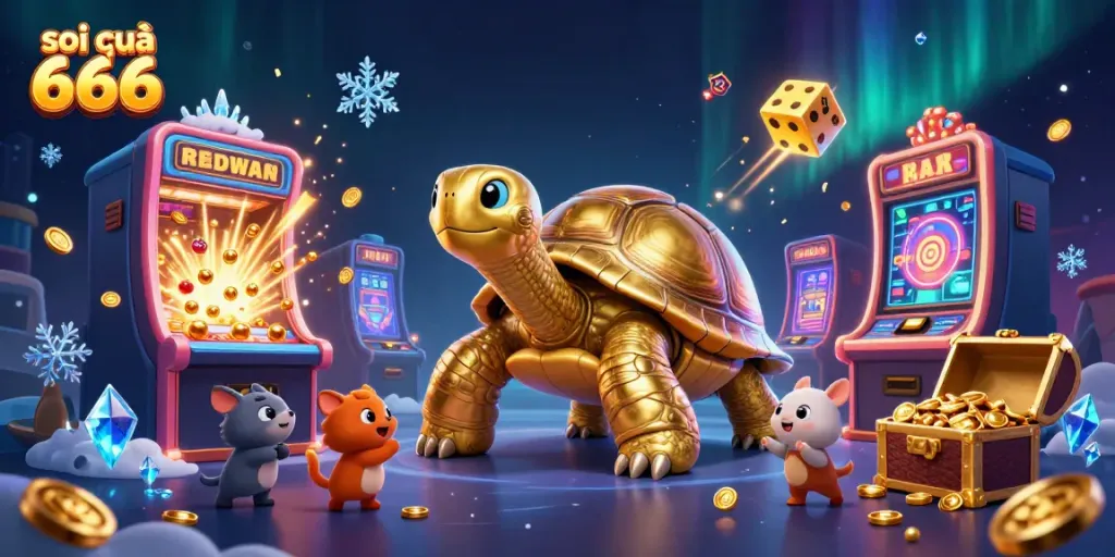 Experience the excitement of soi cầu 666 with a vibrant 3D illustration of a golden tortoise pinball machine among gaming elements.