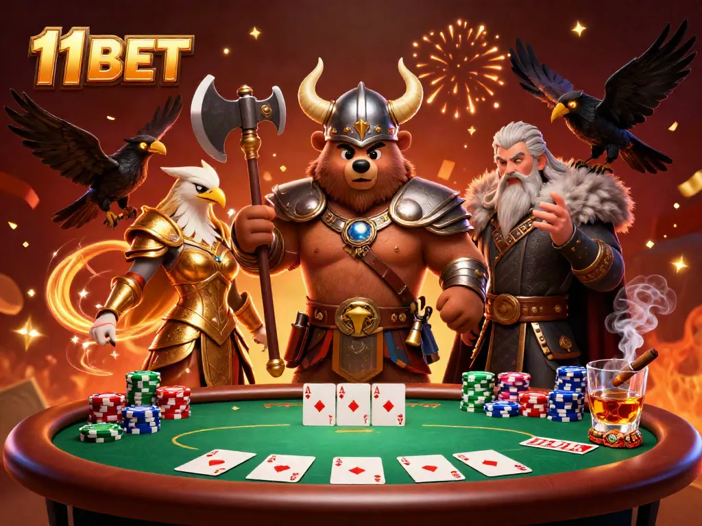 Viking bear and Valkyrie eagle celebrating at a poker table in a vibrant scene, representing 11 BET.