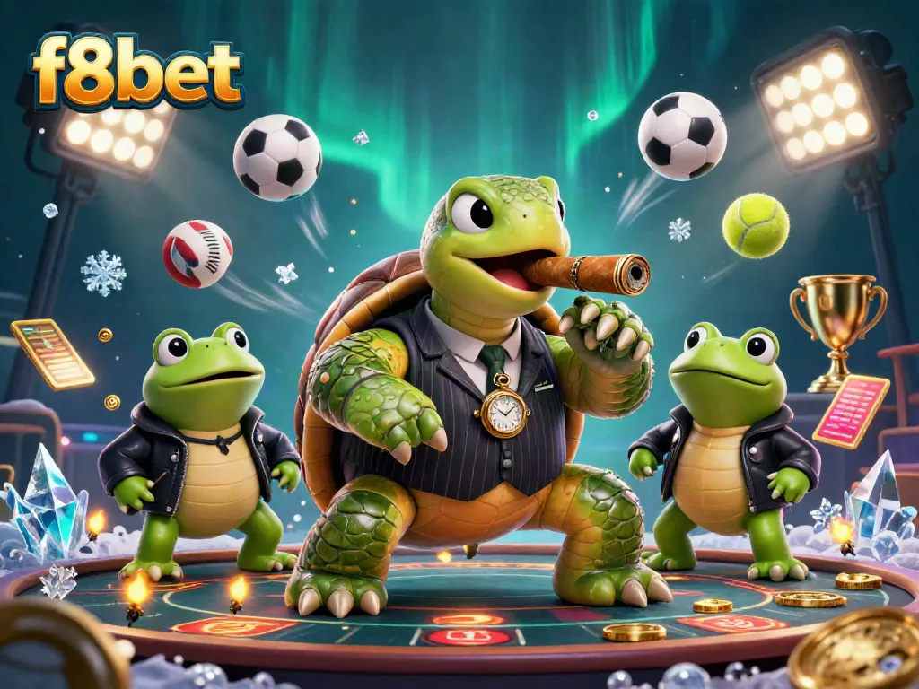 Engage with f8bet's dynamic casino scene featuring a mobster turtle and bullfrog enforcers.