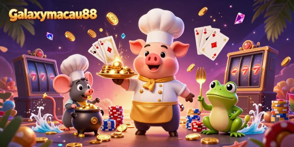 galaxymacau88 chef pig serves gold coins in a vibrant casino scene with dynamic elements