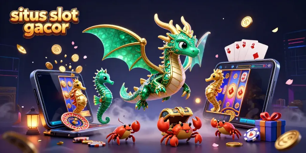 Engage with situs slot gacor through this vibrant 3D scene featuring a majestic sea dragon and charming casino elements.