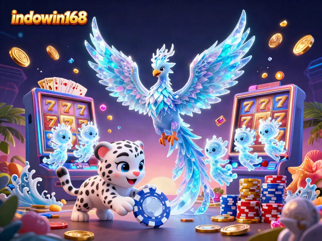Experience thrilling gameplay with indowin168's ice phoenix and enchanting sprites in a vibrant casino scene.