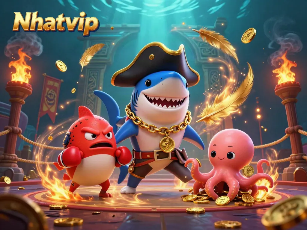 Nhatvip showcases thrilling underwater casino adventures with a pirate shark and friends.