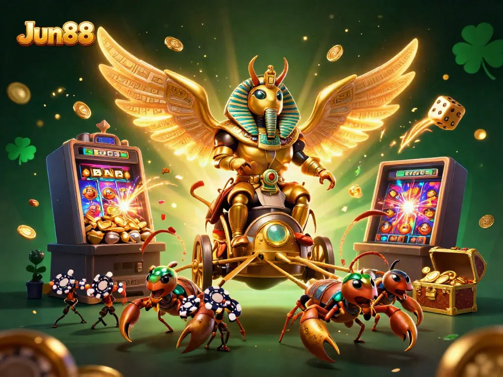 Experience the vibrant world of Jun88 with a golden scarab and thrilling slot machine action.