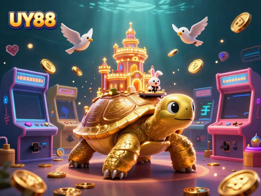 Experience UY88's exhilarating gaming world with a vibrant 3D casino illustration featuring unique characters and arcade games.