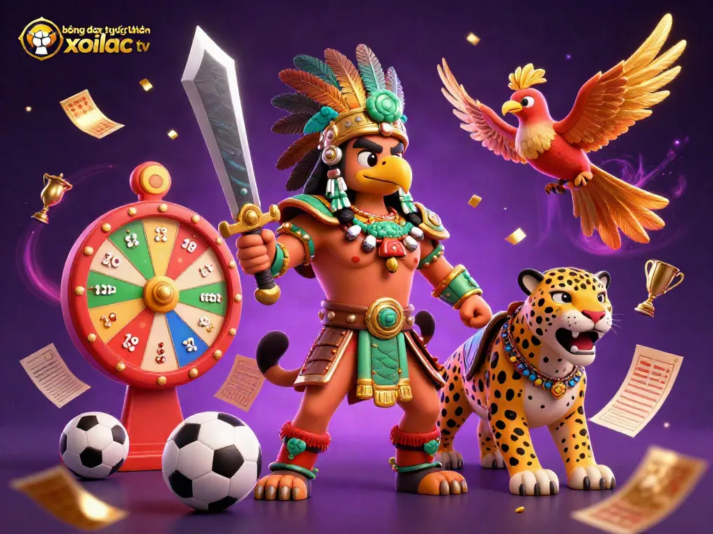 Xoilac TV offers an exciting sports betting experience, showcasing stunning visuals of betting action and iconic Aztec characters.