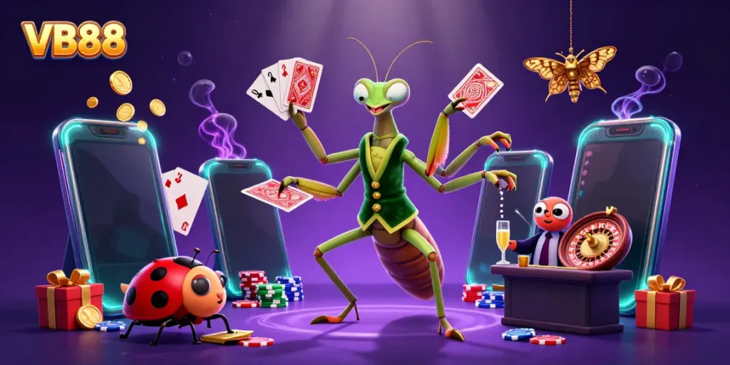 Experience thrilling gaming at VB88 with a giant praying mantis dealer and exciting casino elements.